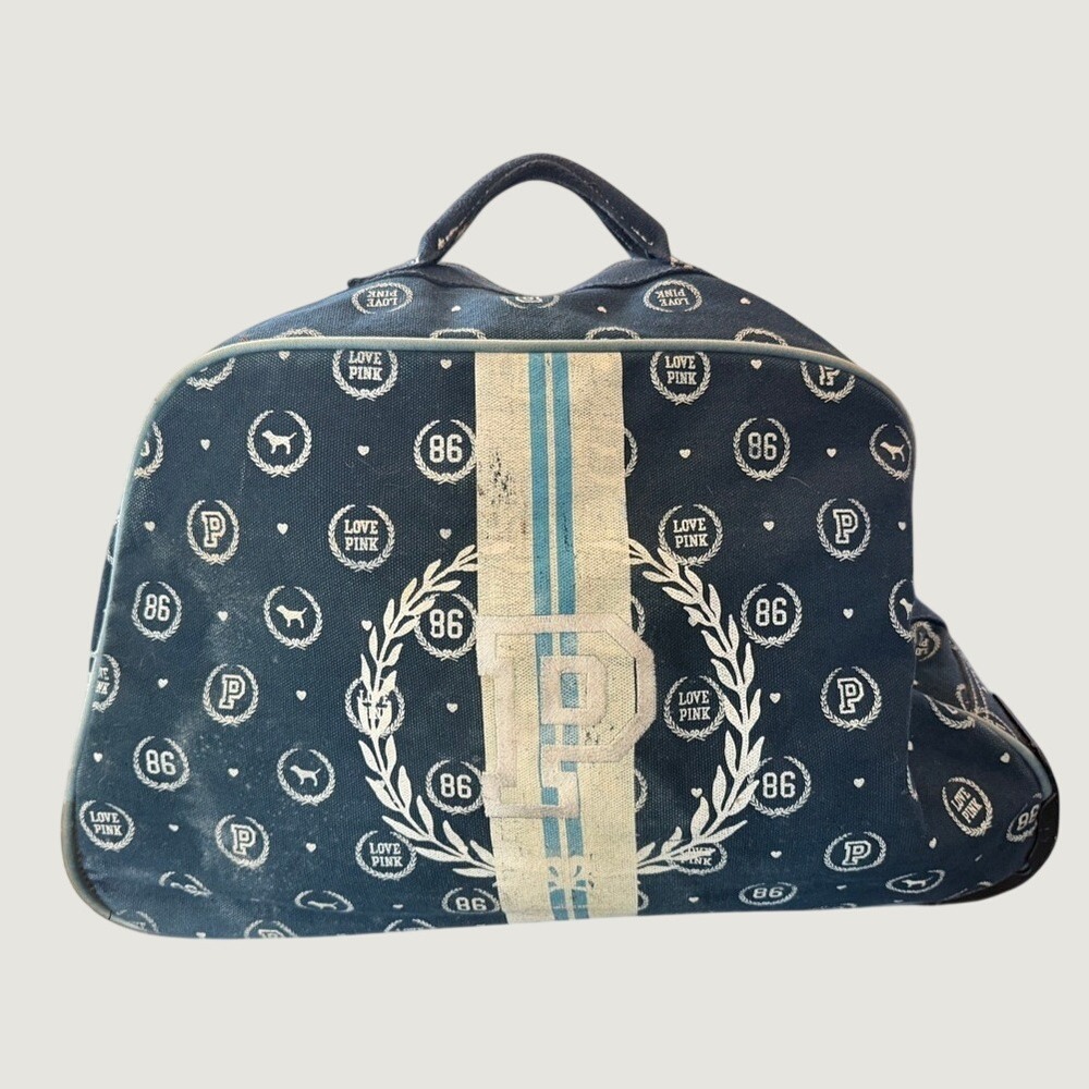 Vintage Victoria's Secret PINK Navy Canvas Rolling Duffel Luggage Bag Y2K 86